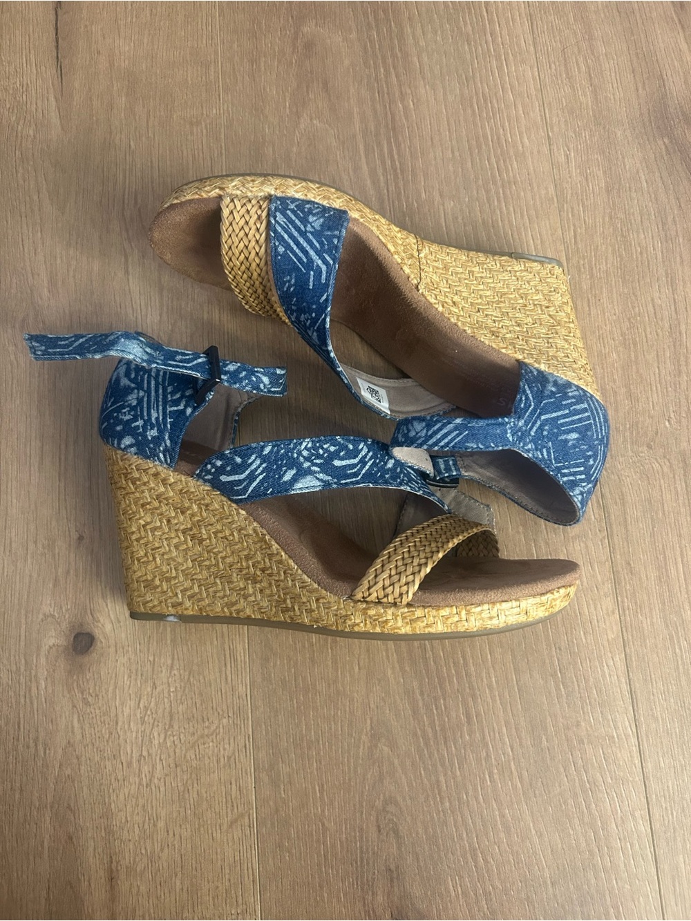 Toms Blue Printed Fabric Wedge Sandals with Straw Platform